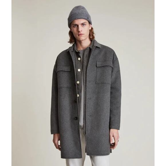 All Saints Men's XL Ark Coat Wool Blend Charcoal Gray